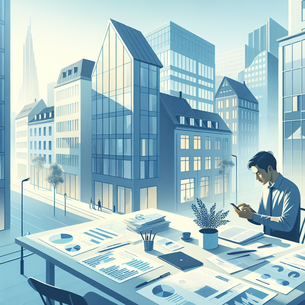 Clean, modern image of a Norwegian urban setting with a person reviewing finances on a smartphone and documents on a table, soft natural light, professional and calm tone